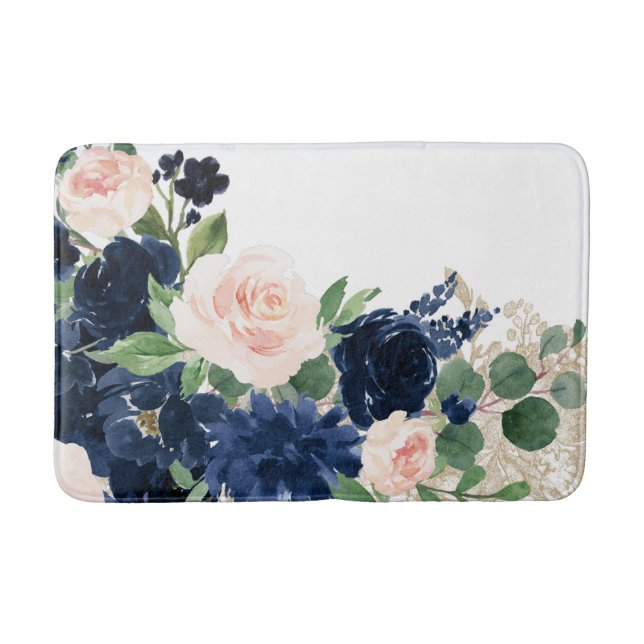 Tapis De Bain Blooms Chics | Marine Blue and Blush Rose Shimmer (Devant)