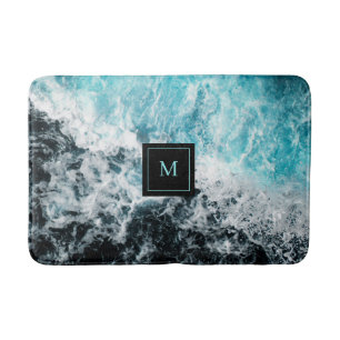 Tapis De Bain Blue Black Ocean Waves Hawaii Monogramme