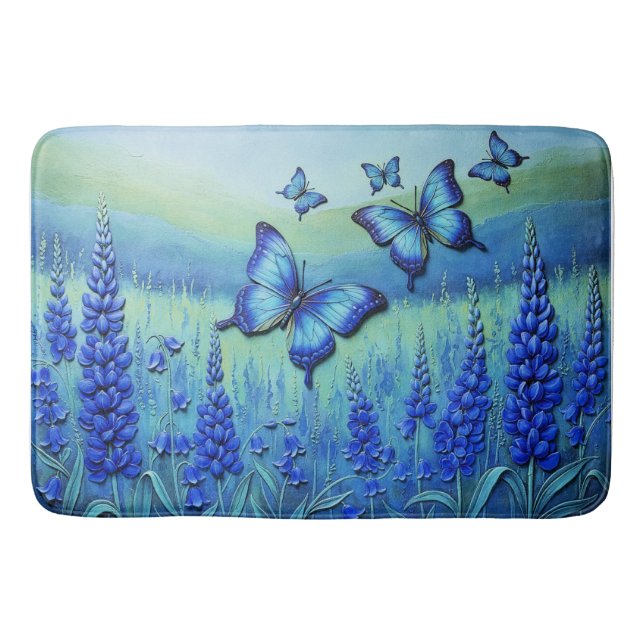 Tapis De Bain Blue Butterflies with Blue Flowers, (Devant)