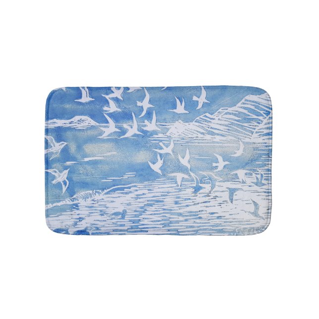 Tapis De Bain Blue Coast Birds Moderne Aquarelle Art (Devant)
