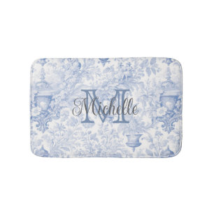 Tapis De Bain Blue French Toile de Jouy Monogramme Nom initial