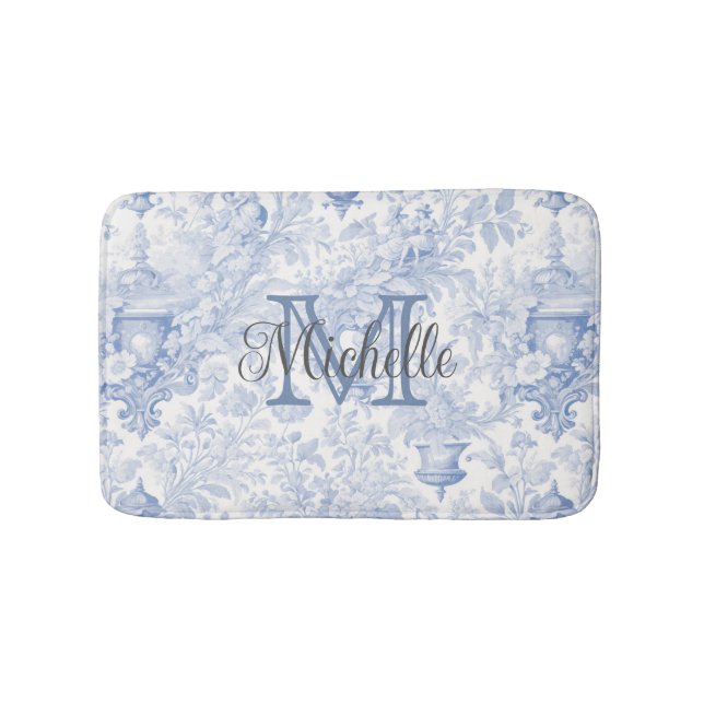 Tapis De Bain Blue French Toile de Jouy Monogramme Nom initial (Devant)