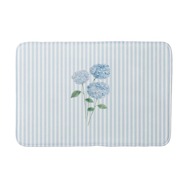 Tapis De Bain Blue Hydrangea Stripe Pattern Coastal  (Devant)