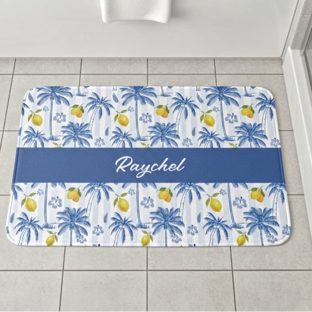 Tapis De Bain Blue Toile Palm Trees Lemons Monogram Name (Créateur téléchargé)