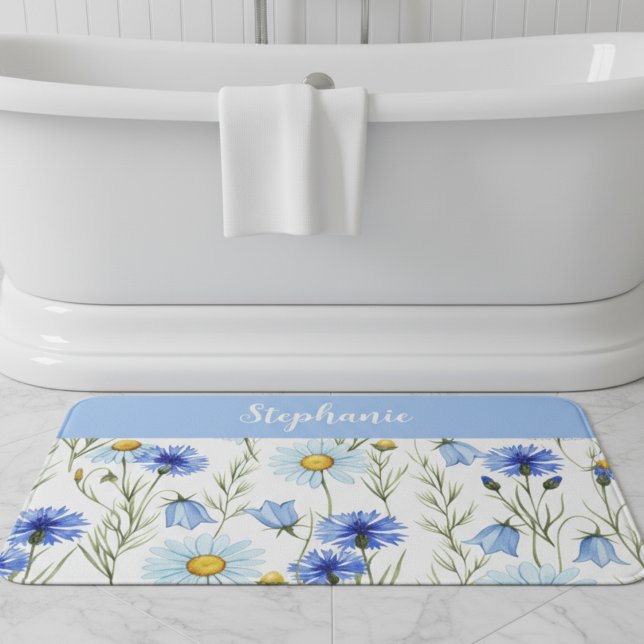 Tapis De Bain Blue Watercolor Wildflower Personalized (Créateur téléchargé)