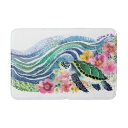 Tapis De Bain Bohême Blue Waves Happy Turtle Aquarelle