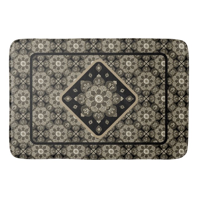 Tapis De Bain Boho Bathmat Sepia et BlackMedallions sur noir (Devant)