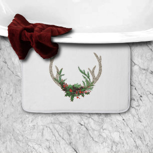 Tapis De Bain Boho Deer Antlers   Floral de Noël rouge rustique