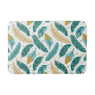 Tapis De Bain Boho Turquoise et or plumes
