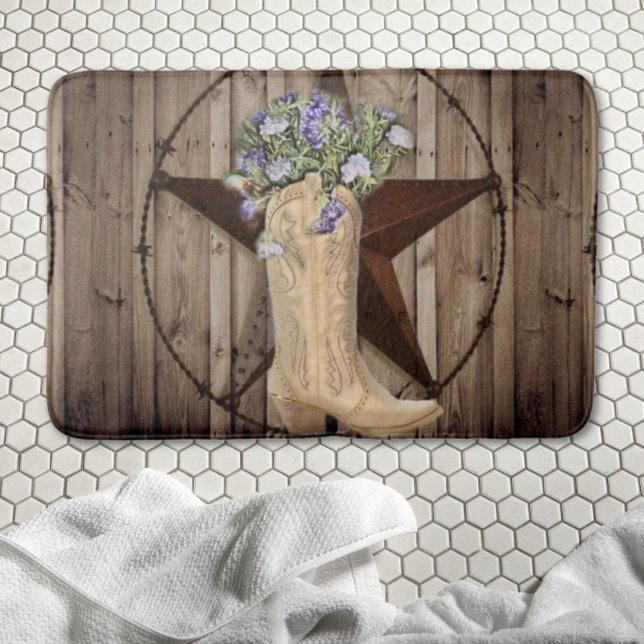 Tapis De Bain bois de grange rustique fleur sauvage occidentale  (rustic barn wood wildflower western star cowgirl bath mat)