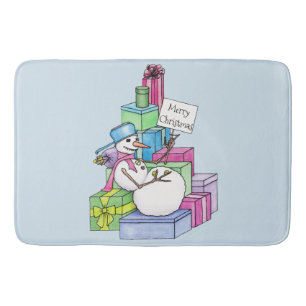 Tapis De Bain Bonhomme de neige se détendant sur des cadeaux