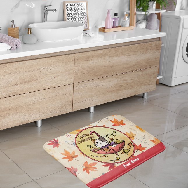 Tapis De Bain Bonjour Automne, Chat mignon assis dans un paraplu (Créateur téléchargé)