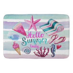 Tapis De Bain Bonjour Été Aquarelle Monogrammes Grandes Plages