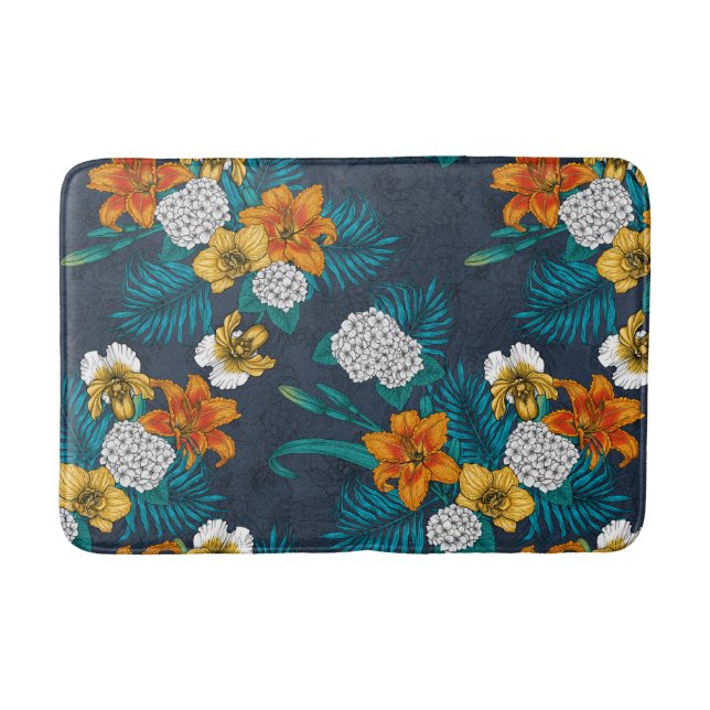 Tapis De Bain Bouquet tropical sur bleu (Devant)