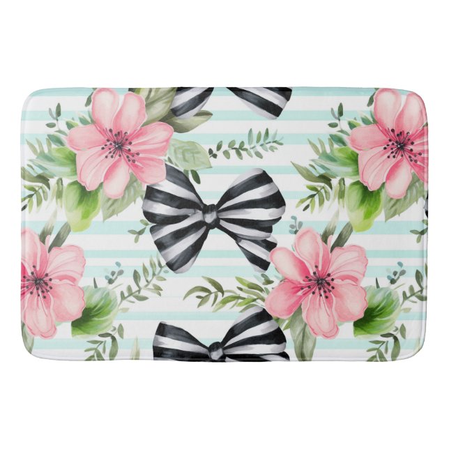TAPIS DE BAIN BOWS NOIRS ET BLANCS ET GRANDES FLEURS ROSES (Devant)