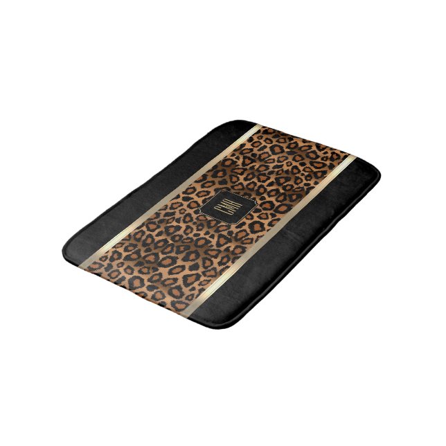 Tapis De Bain Brown doré et Motif léopard noir - Monogramme (Angle)