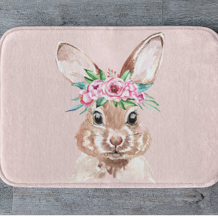 Tapis De Bain Bunny D'Aquarelle Rose Pastel Moderne Avec Fleurs