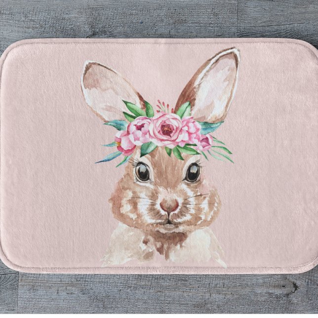 Tapis De Bain Bunny D'Aquarelle Rose Pastel Moderne Avec Fleurs (Créateur téléchargé)