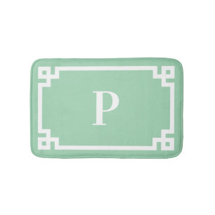 Tapis De Bain Cadre de clé grecque vert de mer et blanc avec pet