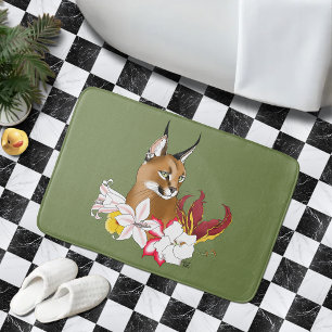 Tapis De Bain Caracal Élégant Chat Sauvage Lis Floral Vert