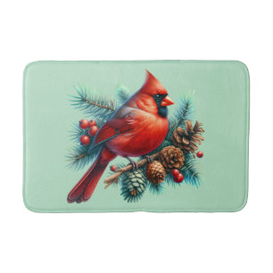 Tapis De Bain Cardinal sur la branche des pins avec les baies d'