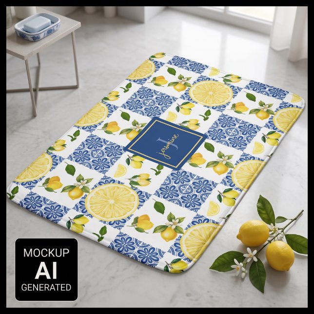 Tapis De Bain Carrelage à motif de monogramme de citron de style (Créateur téléchargé)
