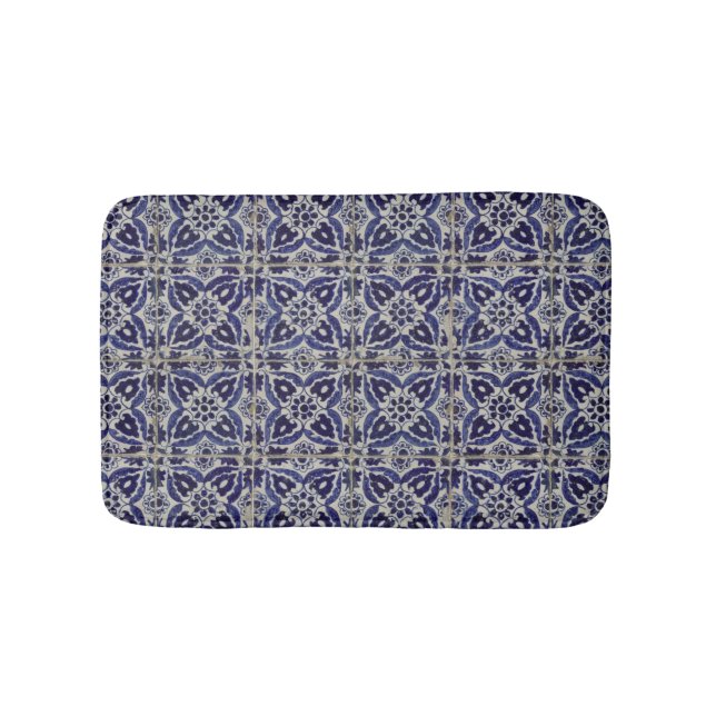 Tapis De Bain Carrelage italien rustique Azulejo bleu blanc géom (Devant)
