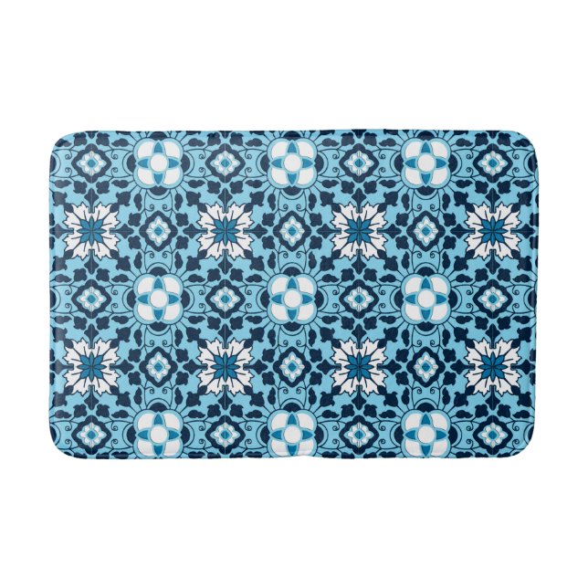 Tapis De Bain Carrelage marocain floral, Indigo, bleu ciel et bl (Devant)