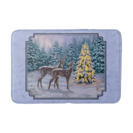 Tapis De Bain Cerf et arbre de Noël Bleu d'hiver