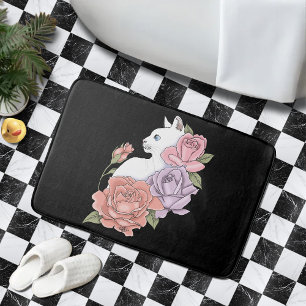 Tapis De Bain Chat Blanc Pastel Floral Botanique Romantique Noir