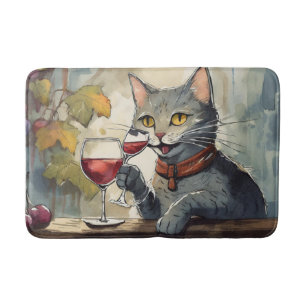 Tapis de bain chat drôle buvant du vin !