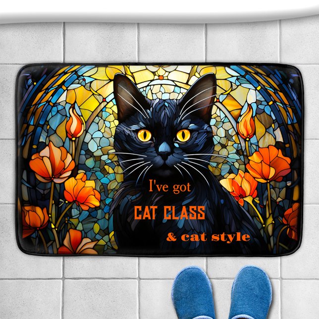 Tapis De Bain Chat en verre verni Art nouveau (Bath mat featuring an illustration of a black cat in art nouveau style stained glass / leaded glass)