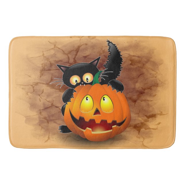 Tapis De Bain Chat Fun Halloween Caractère mordant un Citrouille (Devant)