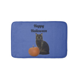 Tapis De Bain Chat noir et Citrouille Joyeux Halloween bleu