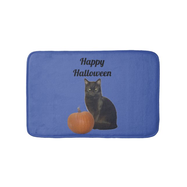 Tapis De Bain Chat noir et Citrouille Joyeux Halloween bleu (Devant)