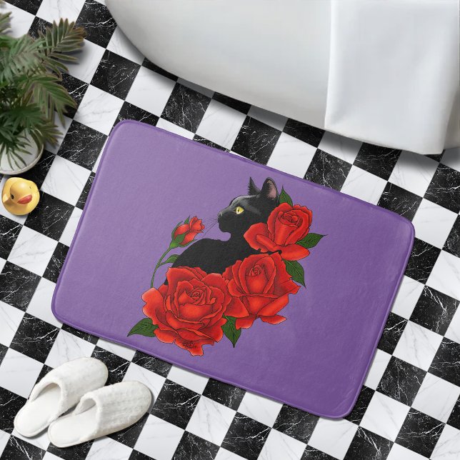 Tapis De Bain Chat noir Roses rouges pourpres (Créateur téléchargé)