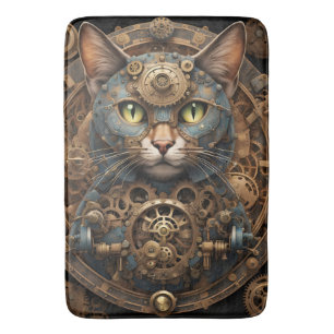 Tapis De Bain chat steampunk bleu AI art Bath Mat