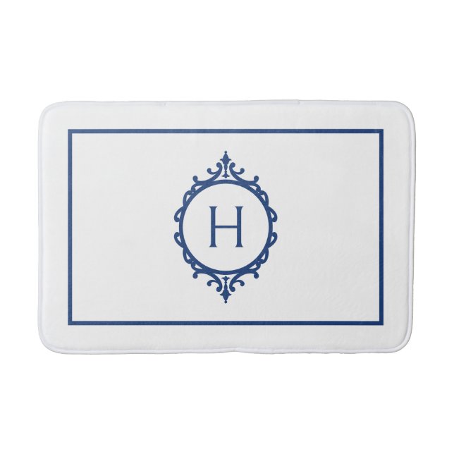 Tapis De Bain Chelsea Bleu et Blanc Monogramme Mat de bain (Devant)