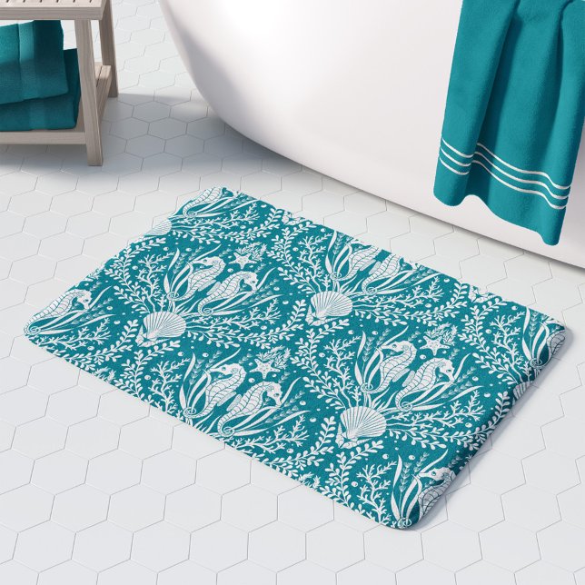 Tapis De Bain Chevaux de mer Turquoise Bleu Blanc Damas Océan Mo (Créateur téléchargé)