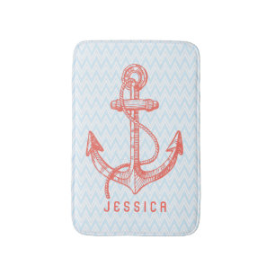 Tapis De Bain Chevron Blanc et Bleu avec Ancre nautique