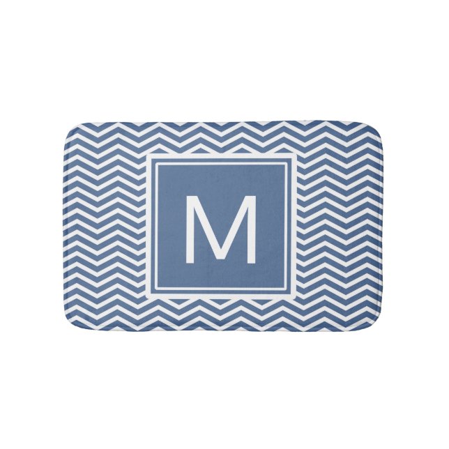 Tapis De Bain Chevrons bleu Riverside et Monogramme modernes (Devant)