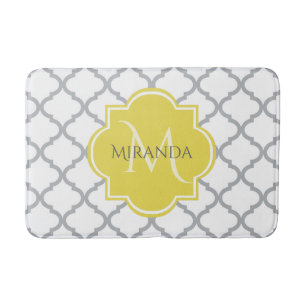 Tapis De Bain Chic Blanc Gris Quatrefoil Jaune Nom Monogramme