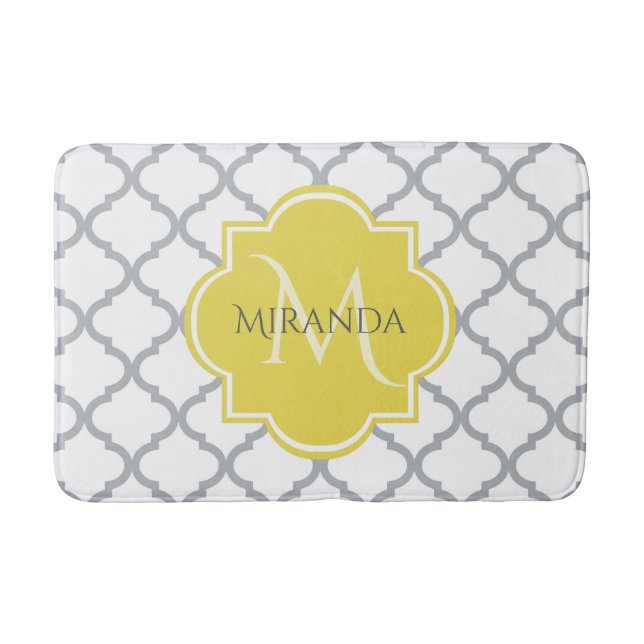 Tapis De Bain Chic Blanc Gris Quatrefoil Jaune Nom Monogramme (Devant)