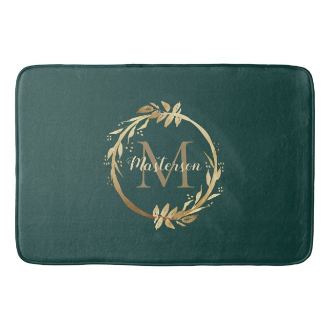 Tapis De Bain Chic Emerald Green Gold Monogram Eucalyptus Wreath (Devant)