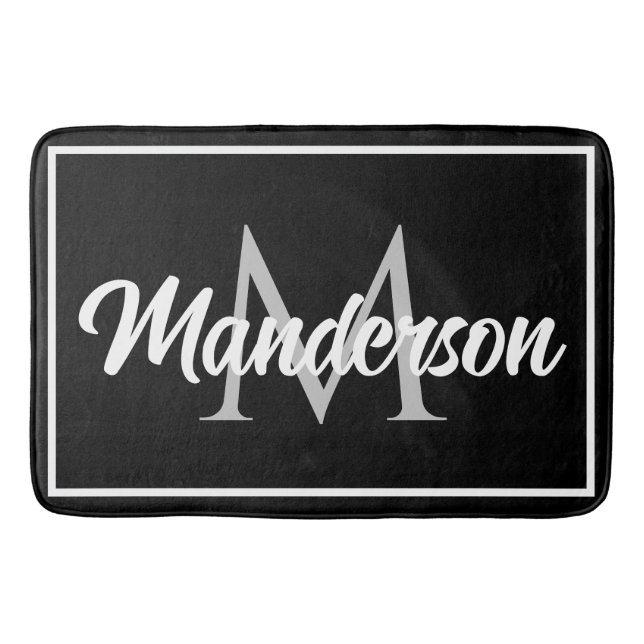 Tapis De Bain Chic Famille Monogramme Bienvenue Mat noir blanc g (Devant)