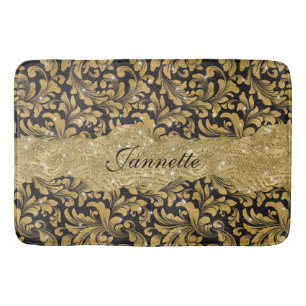 Tapis De Bain Chic Faux Floral Monogramme Or Noir