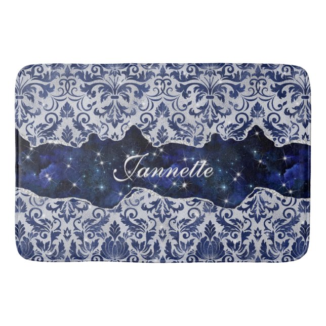 Tapis De Bain Chic floral glitateur Marine Blue Silver Monogramm (Devant)