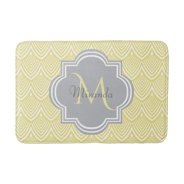 Tapis De Bain Chic Jaune Art Déco Scallops Grey Monogramme Nom (Devant)