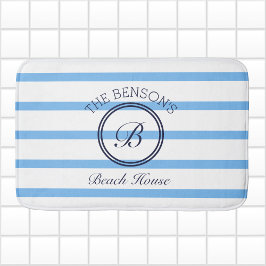 Tapis De Bain Chic Monogram Blue Stripes Nom de famille Beach Ho