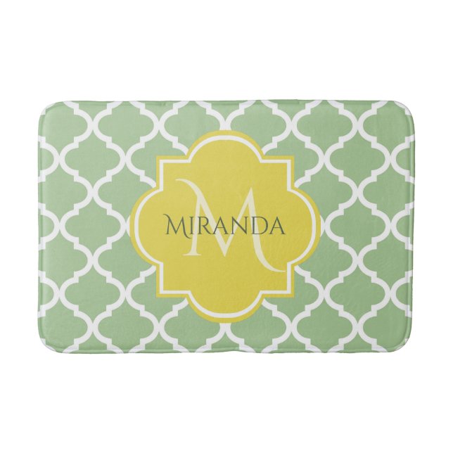 Tapis De Bain Chic Pastel Green Quatrefoil Jaune Nom Monogramme (Devant)